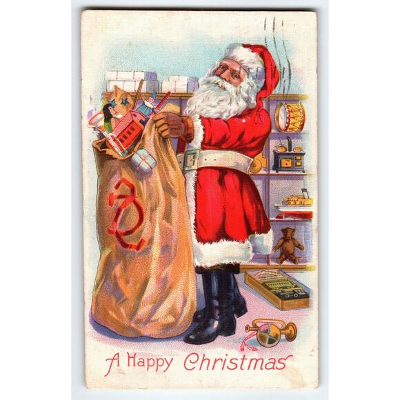 Vintage Santa Claus Christmas Postcard with Toys & Sack 1927 Stecher - Picture 1 of 2